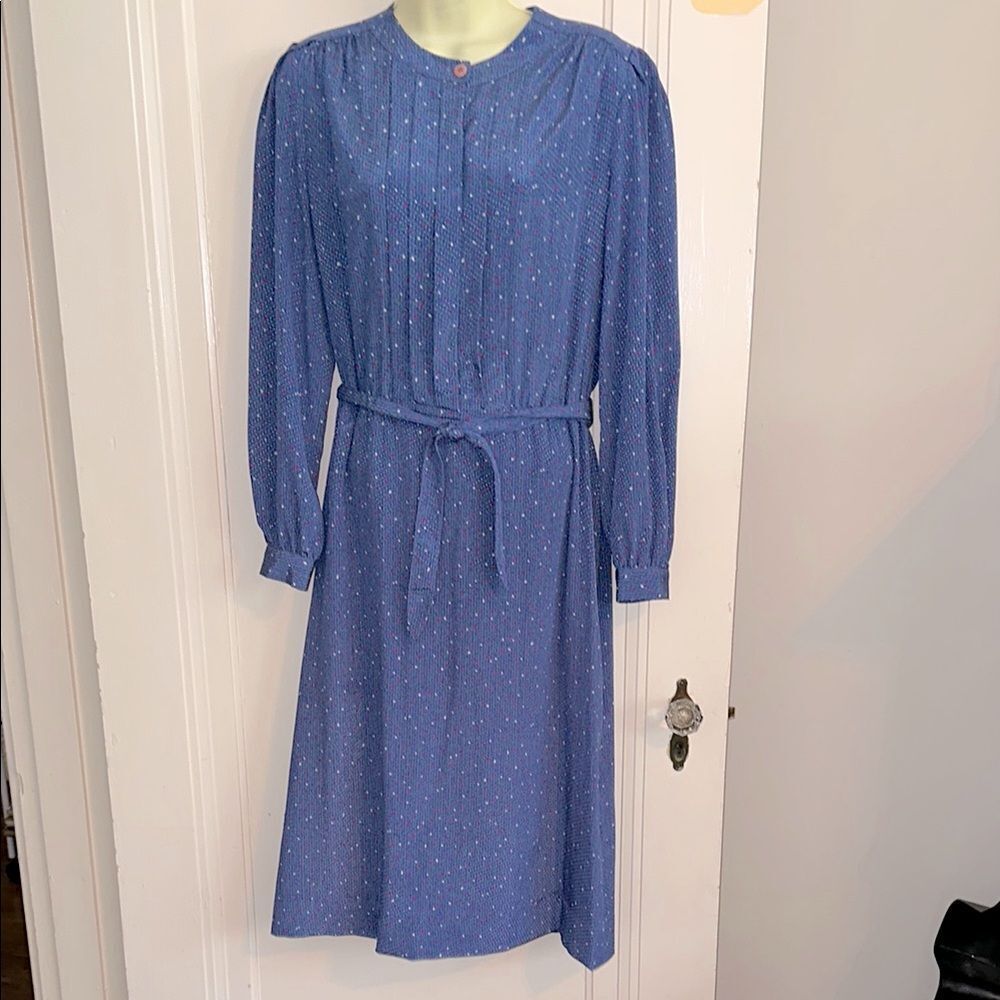 Vtg 70s/80s Schrader Sport Petites Blue Polka Dot Long Sleeve Polyester Dress